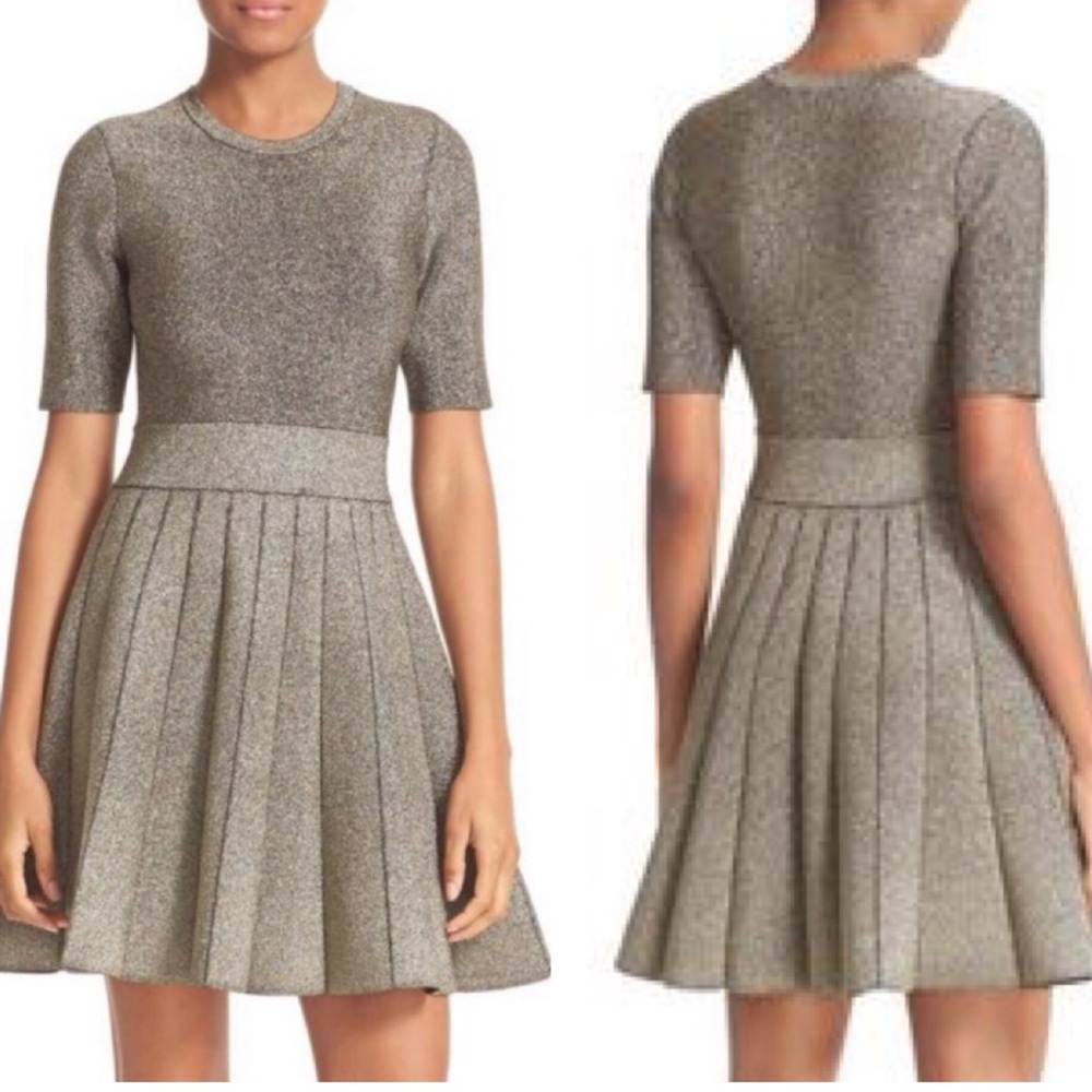 A.L.C. Susana Ponte Fit Flare A-Line Half Sleeve Dress in Metallic Gold